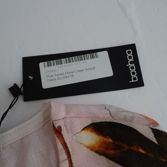 Boohoo Floral Crepe Smock Dress Women Size 12 Pink Tiered Short Sleeve NEW - Picture 7 of 10